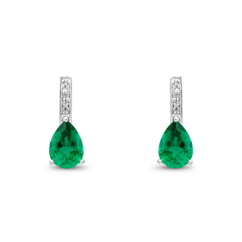 9ct White Gold Pear Shaped Natural Emerald & Diamond Drop Earrings — 7x5mm