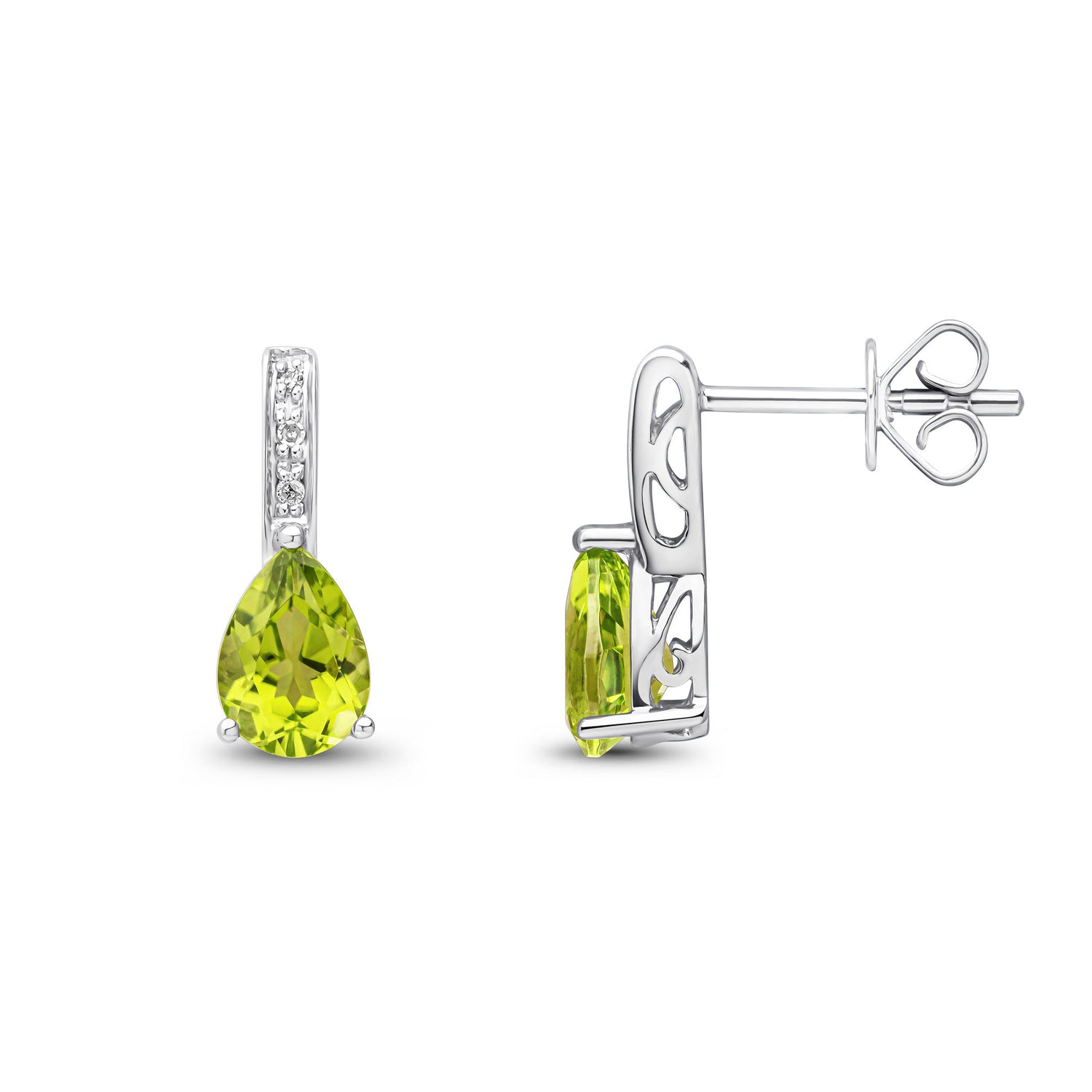 9ct White Gold Pear Shaped Natural Peridot and Round Diamond Drop Earrings