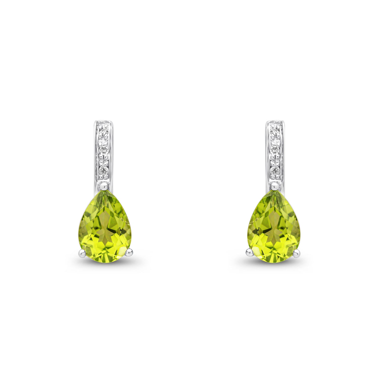 9ct White Gold Pear Shaped Natural Peridot and Round Diamond Drop Earrings