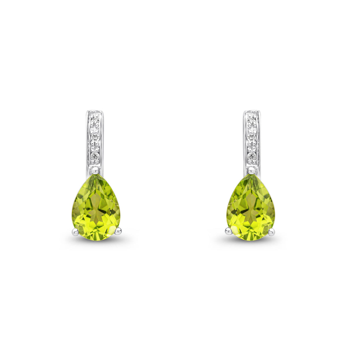 9ct White Gold Pear Shaped Natural Peridot & Diamond Drop Earrings — 7x5mm