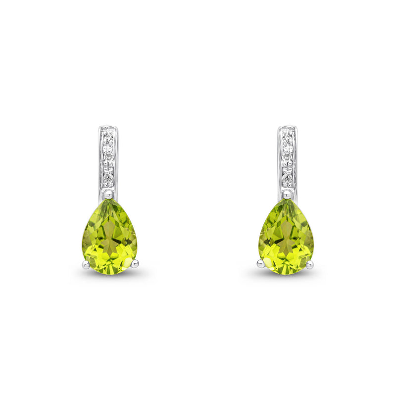 9ct White Gold Pear Shaped Natural Peridot & Diamond Drop Earrings — 7x5mm