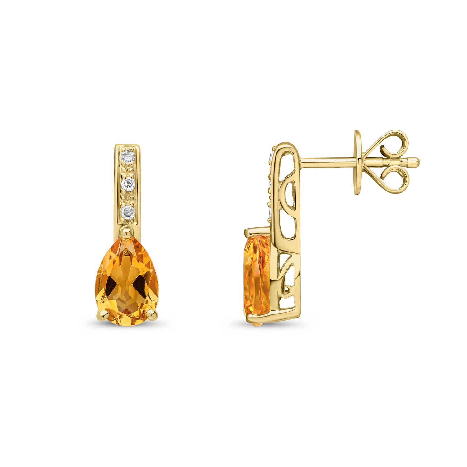 9ct Yellow Gold Pear Shaped Natural Citrine and Round Diamond Drop Earrings
