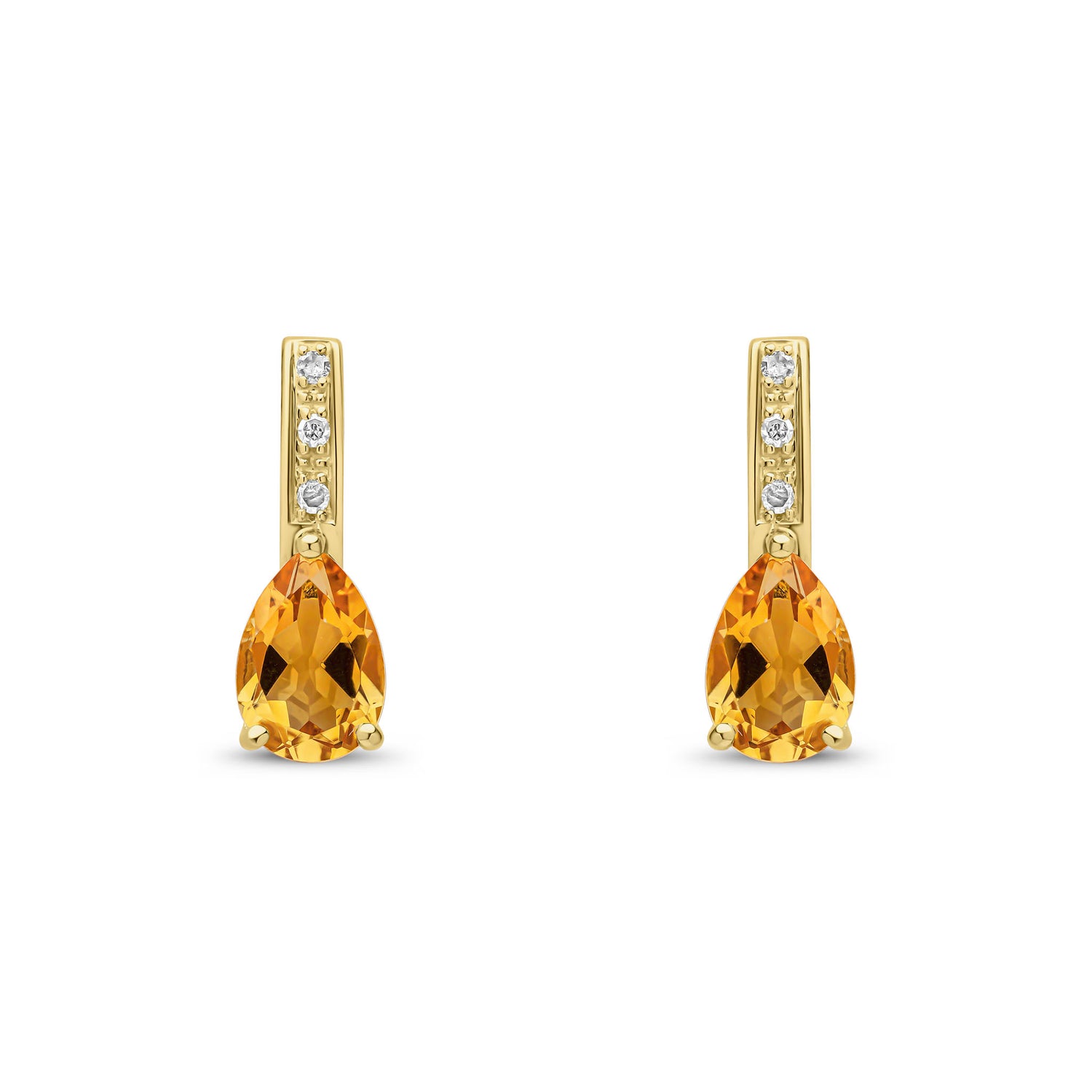 9ct Yellow Gold Pear Shaped Natural Citrine and Round Diamond Drop Earrings