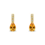 9ct Yellow Gold Pear Shaped Natural Citrine & Diamond Drop Earrings — 7x5mm