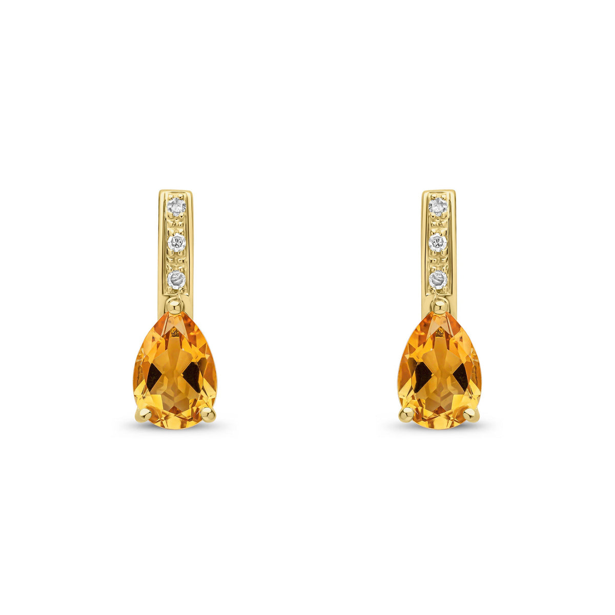 9ct Yellow Gold Pear Shaped Natural Citrine & Diamond Drop Earrings — 7x5mm
