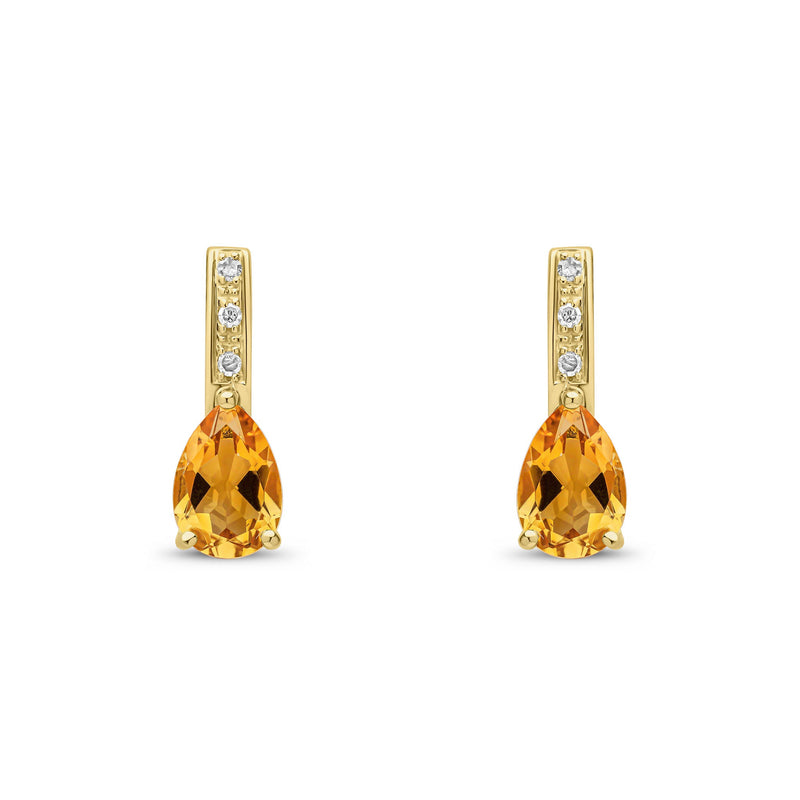 9ct Yellow Gold Pear Shaped Natural Citrine & Diamond Drop Earrings — 7x5mm