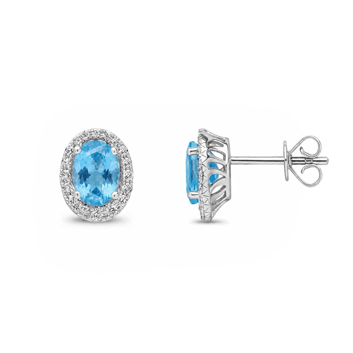 9ct White Gold Oval Natural Swiss Blue Topaz and Round Diamond Cluster Stud Earrings