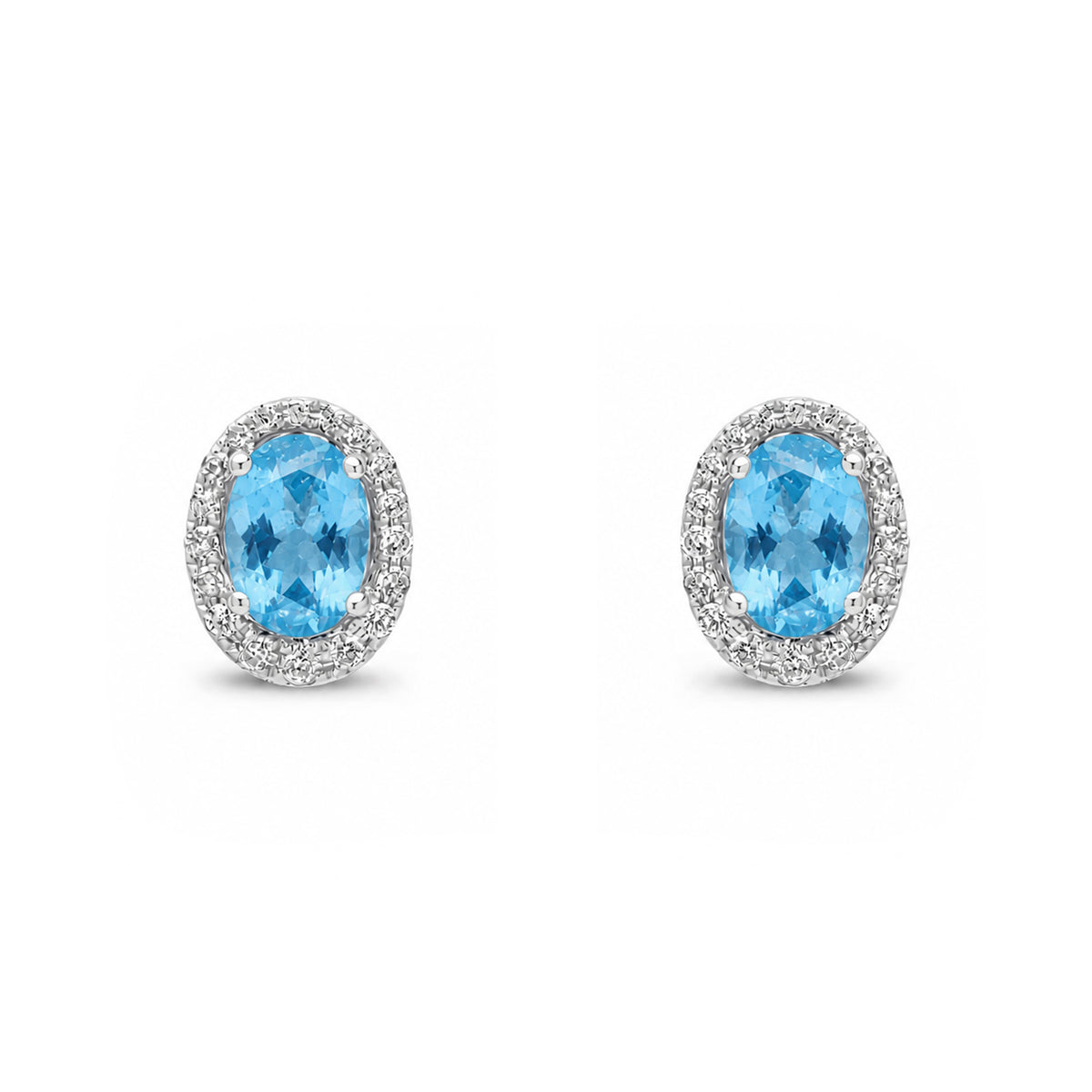 9ct White Gold Oval Natural Swiss Blue Topaz and Round Diamond Cluster Stud Earrings