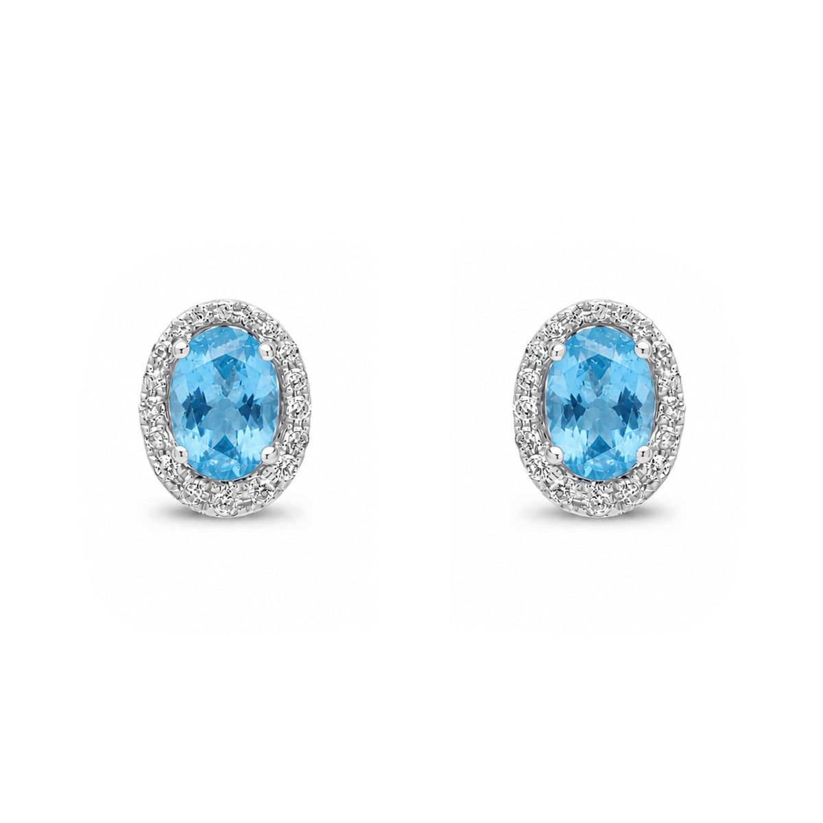 9ct White Gold Oval Natural Swiss Blue Topaz & Diamond Cluster Stud Earrings — 7x5mm