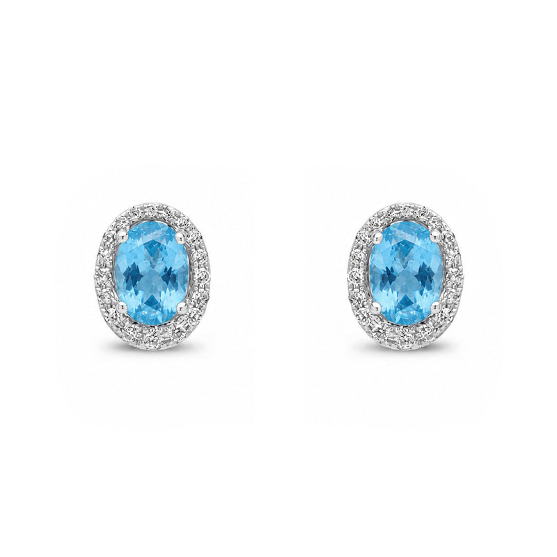 9ct White Gold Oval Natural Swiss Blue Topaz & Diamond Cluster Stud Earrings — 7x5mm