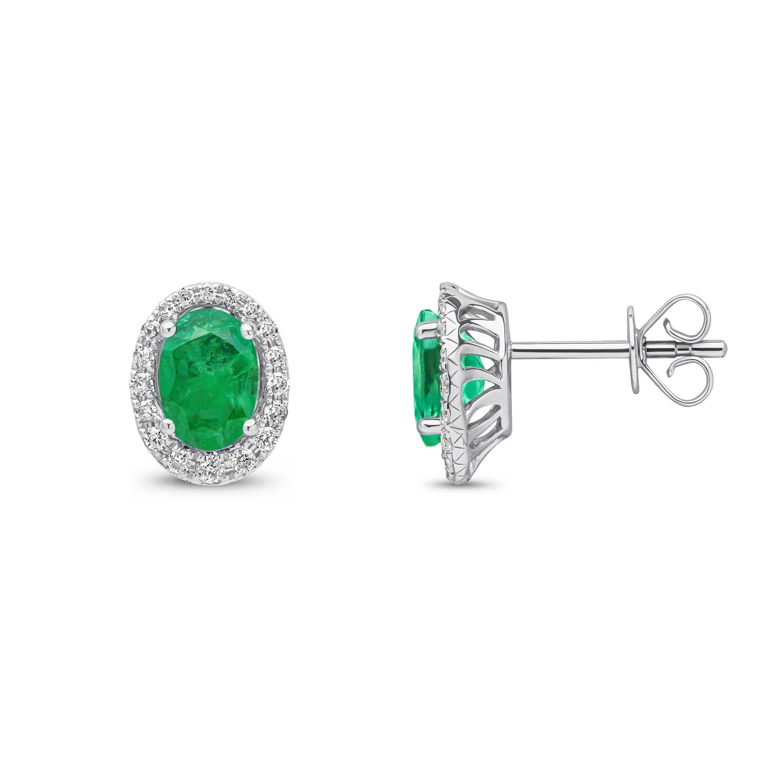 9ct White Gold Oval Natural Emerald and Round Diamond Cluster Stud Earrings — 7x5mm