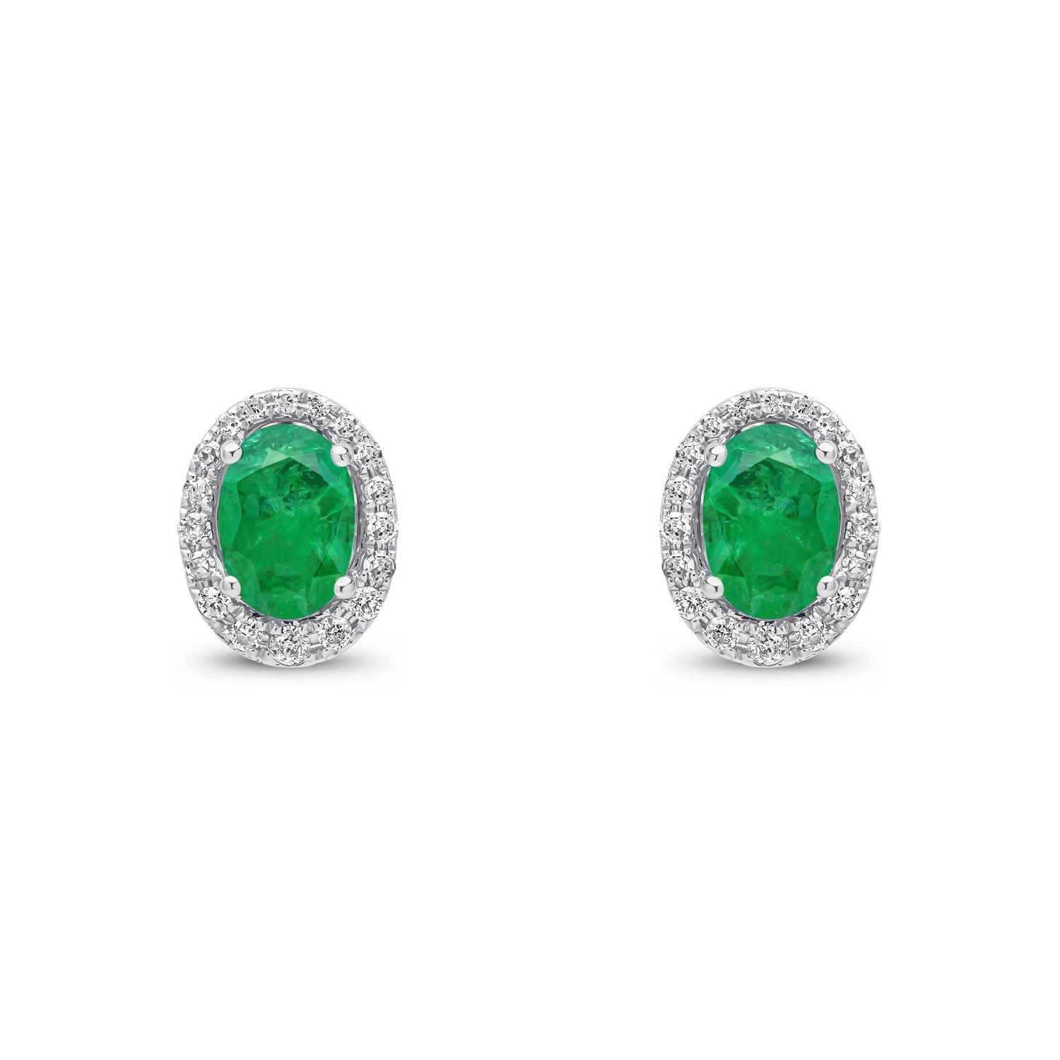 9ct White Gold Oval Natural Emerald and Round Diamond Cluster Stud Earrings — 7x5mm