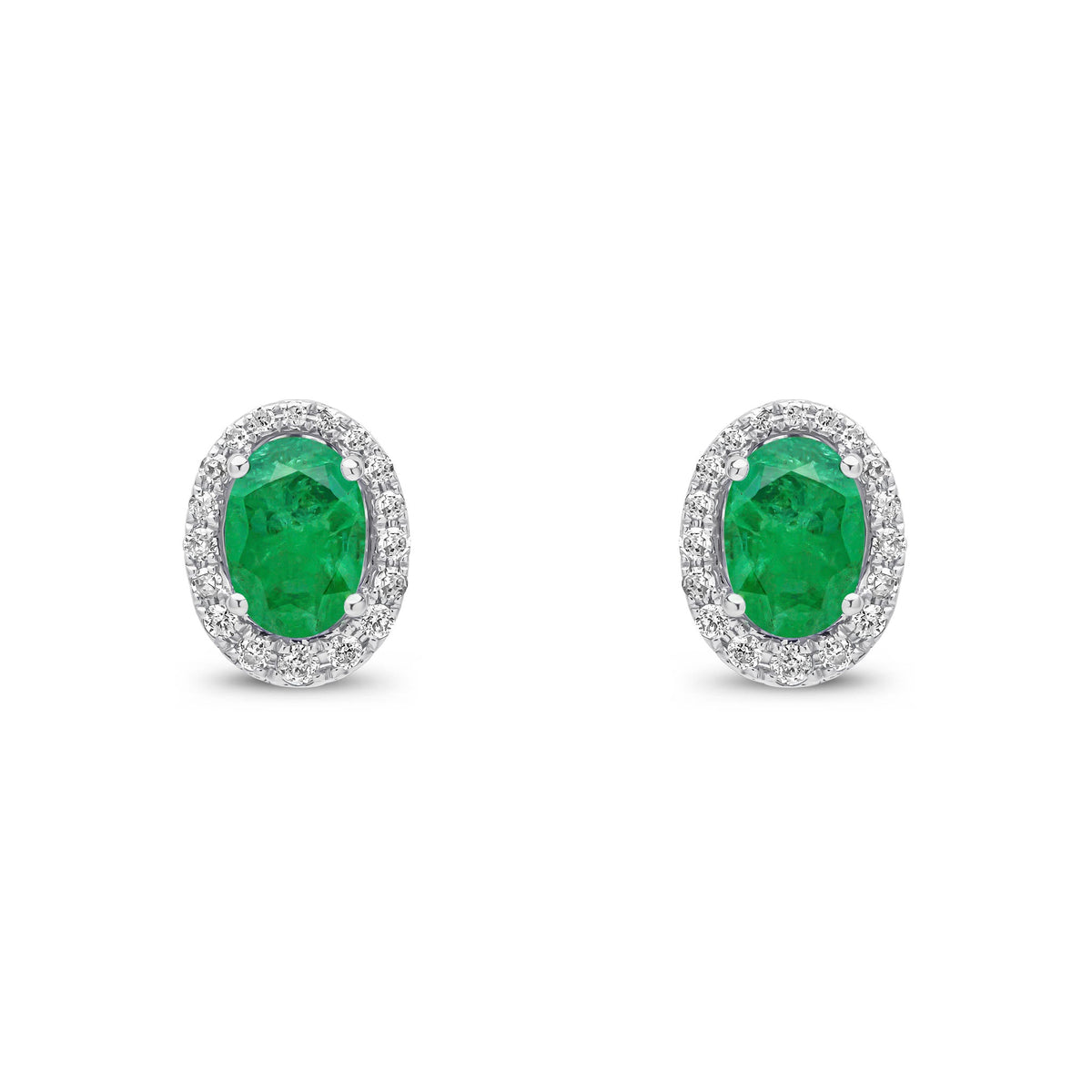 9ct White Gold Oval Natural Emerald & Diamond Cluster Stud Earrings — 7x5mm