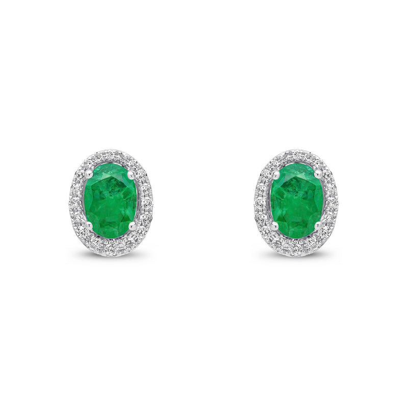 9ct White Gold Oval Natural Emerald & Diamond Cluster Stud Earrings — 7x5mm