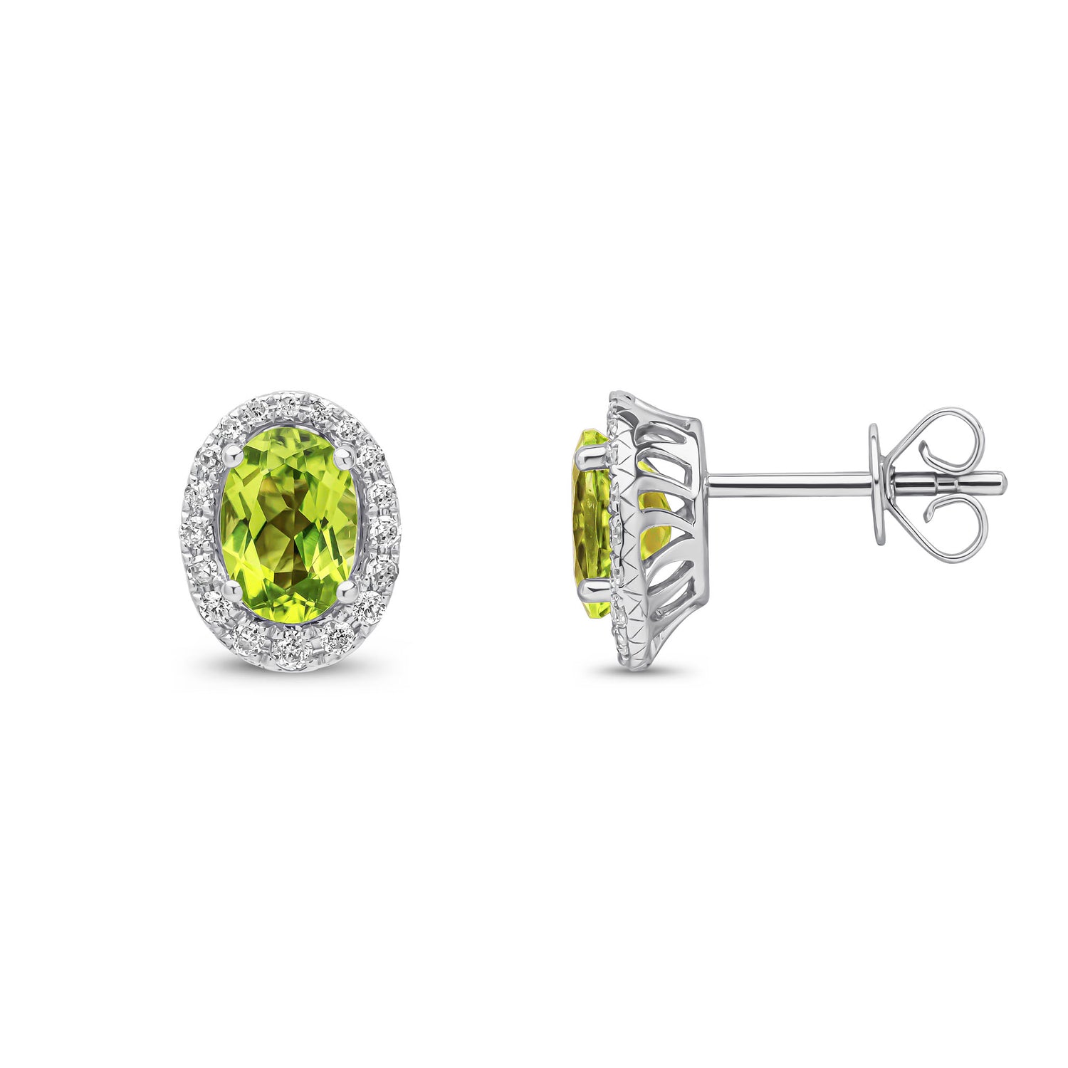 9ct White Gold Oval Natural Peridot and Round Diamond Cluster Stud Earrings