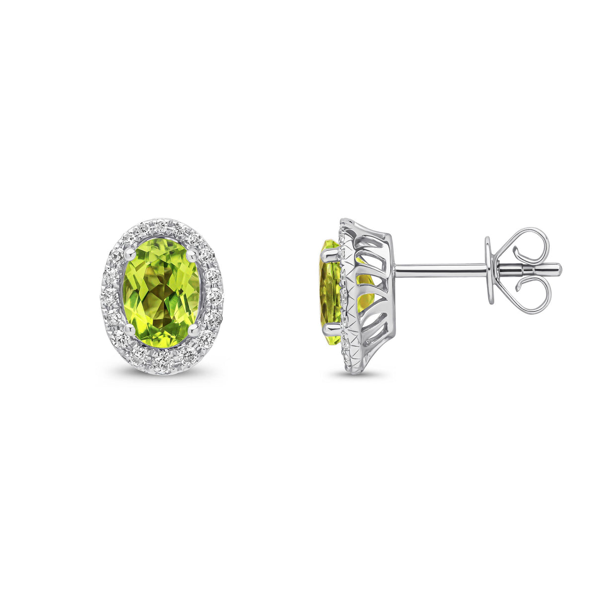 9ct White Gold Oval Natural Peridot & Diamond Cluster Stud Earrings — 7x5mm