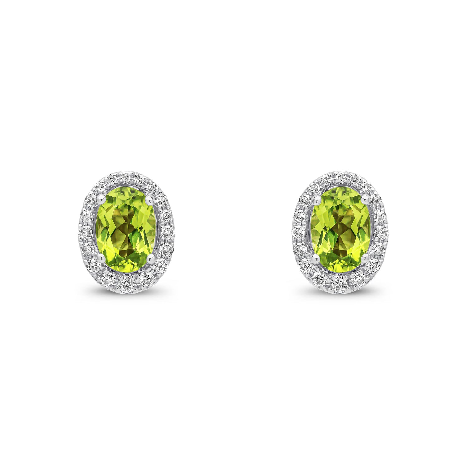 9ct White Gold Oval Natural Peridot and Round Diamond Cluster Stud Earrings