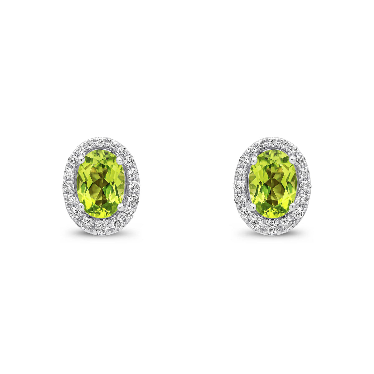 9ct White Gold Oval Natural Peridot & Diamond Cluster Stud Earrings — 7x5mm