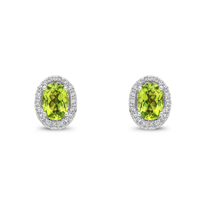 9ct White Gold Oval Natural Peridot & Diamond Cluster Stud Earrings — 7x5mm