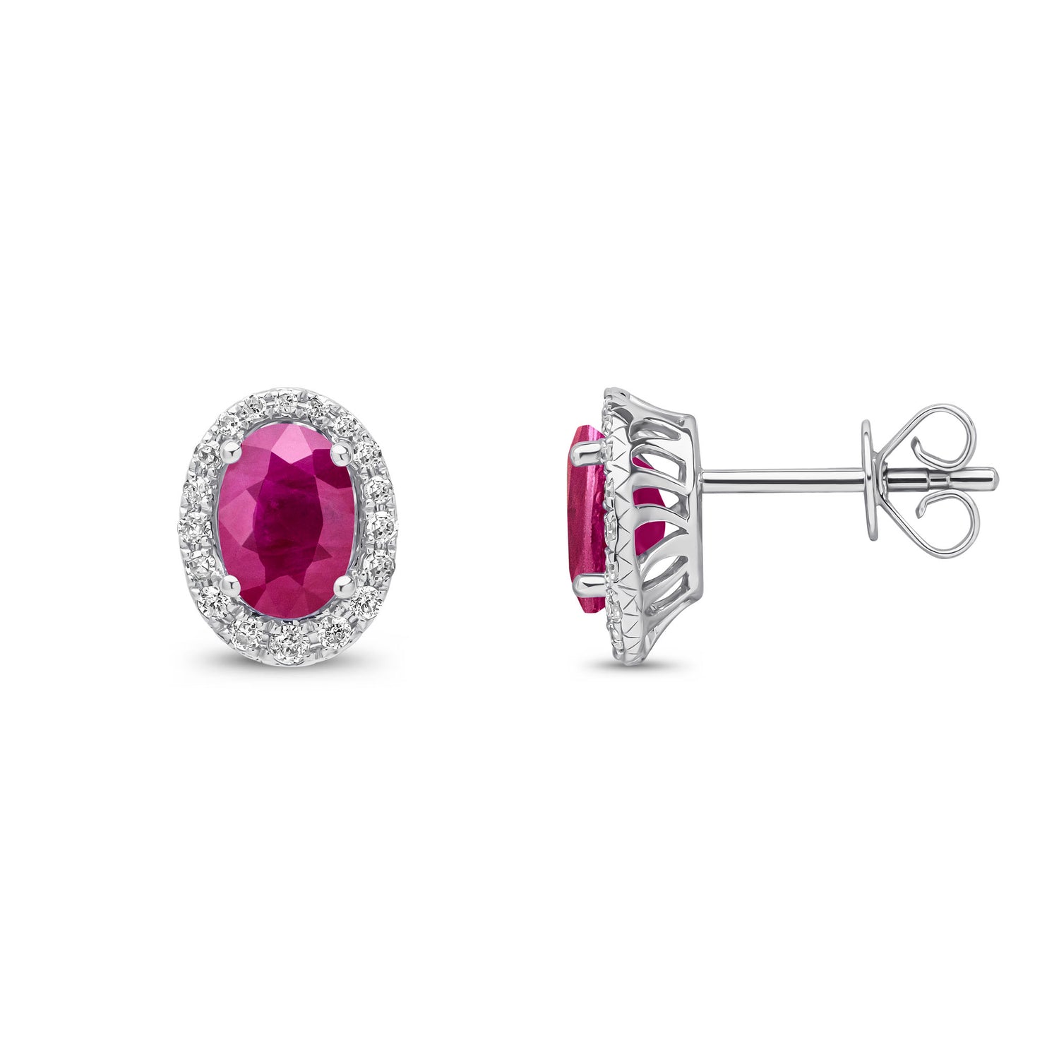9ct White Gold Oval Natural Ruby and Round Diamond Cluster Stud Earrings — 7x5mm
