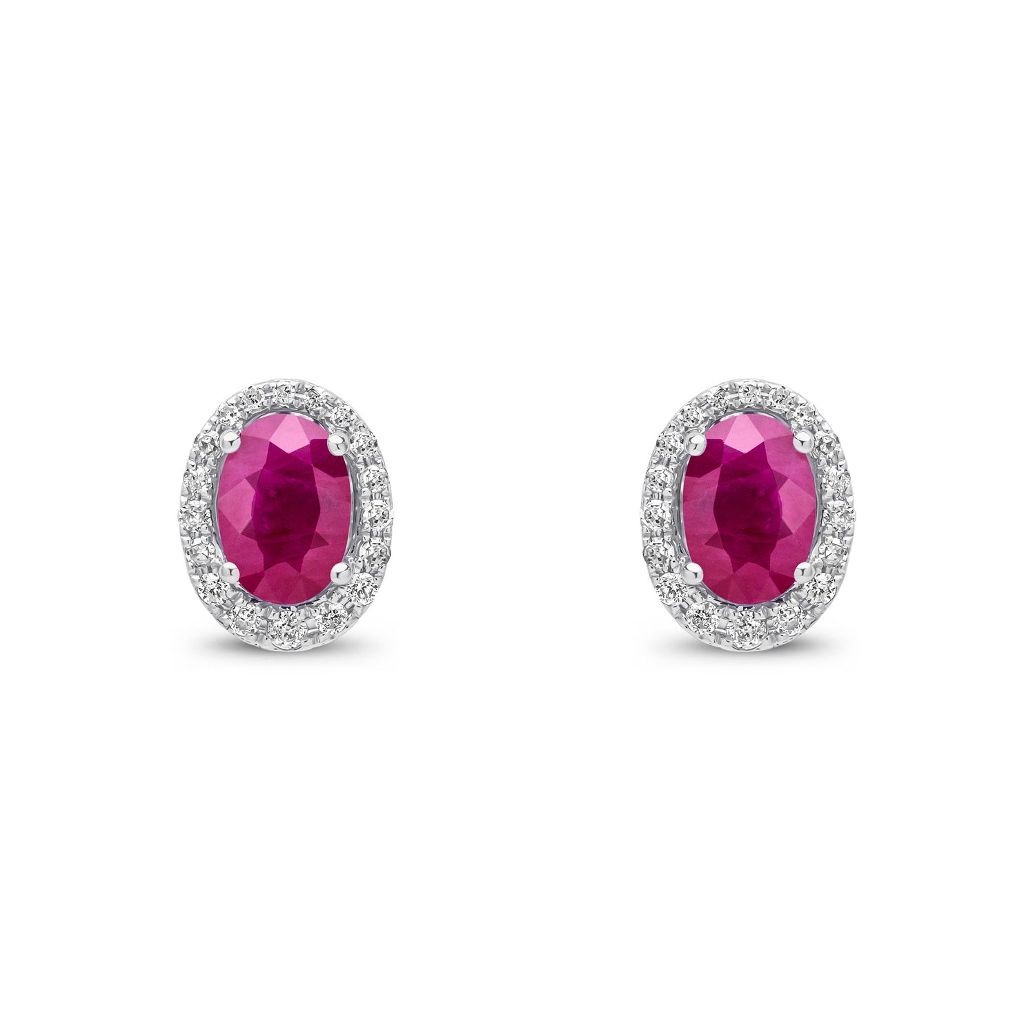 9ct White Gold Oval Natural Ruby and Round Diamond Cluster Stud Earrings — 7x5mm