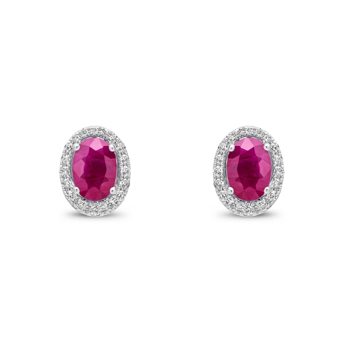 9ct White Gold Oval Natural Ruby & Diamond Cluster Stud Earrings — 7x5mm