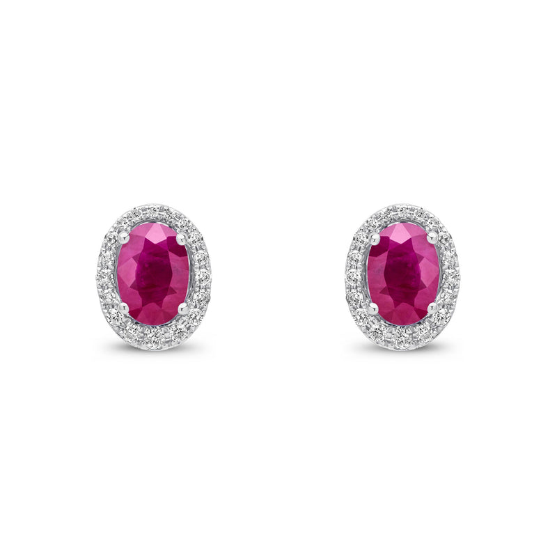 9ct White Gold Oval Natural Ruby & Diamond Cluster Stud Earrings — 7x5mm