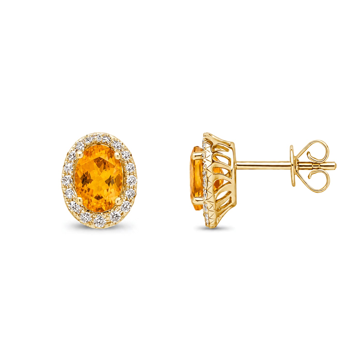 9ct Yellow Gold Oval Natural Citrine and Round Diamond Cluster Stud Earrings