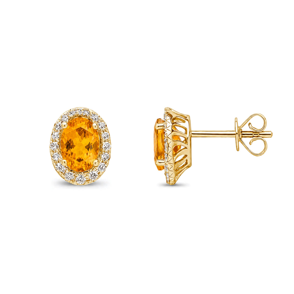 9ct Yellow Gold Oval Natural Citrine & Diamond Cluster Stud Earrings — 7x5mm