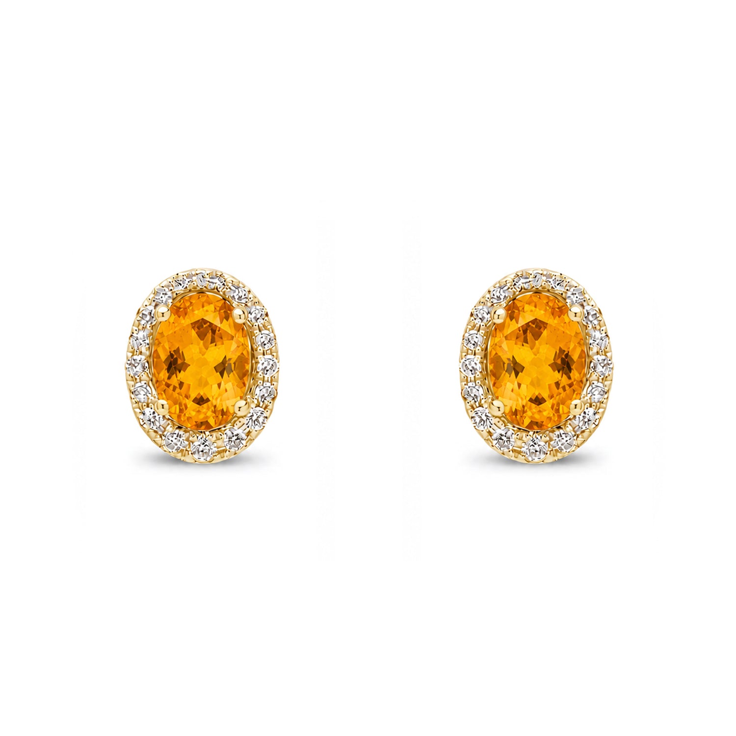 9ct Yellow Gold Oval Natural Citrine and Round Diamond Cluster Stud Earrings