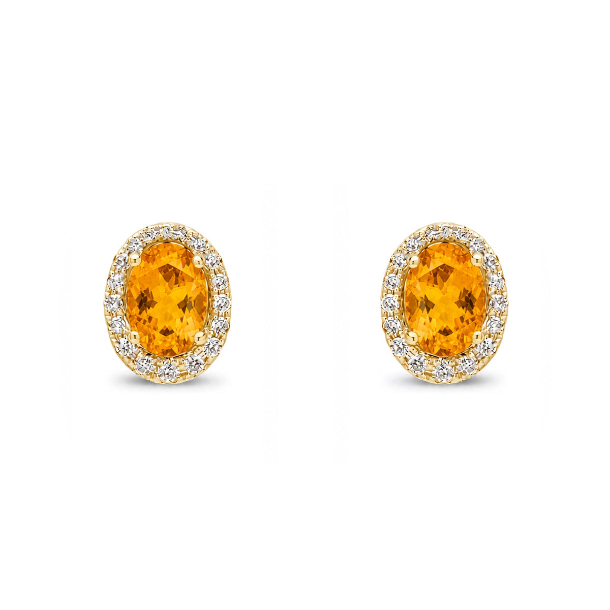 9ct Yellow Gold Oval Natural Citrine & Diamond Cluster Stud Earrings — 7x5mm