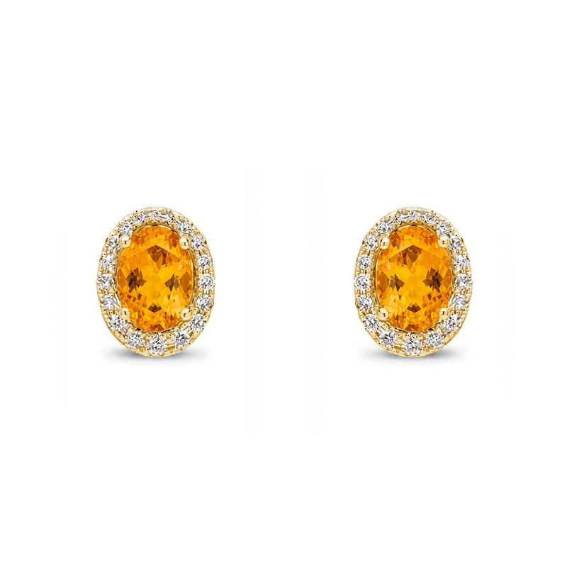 9ct Yellow Gold Oval Natural Citrine & Diamond Cluster Stud Earrings — 7x5mm