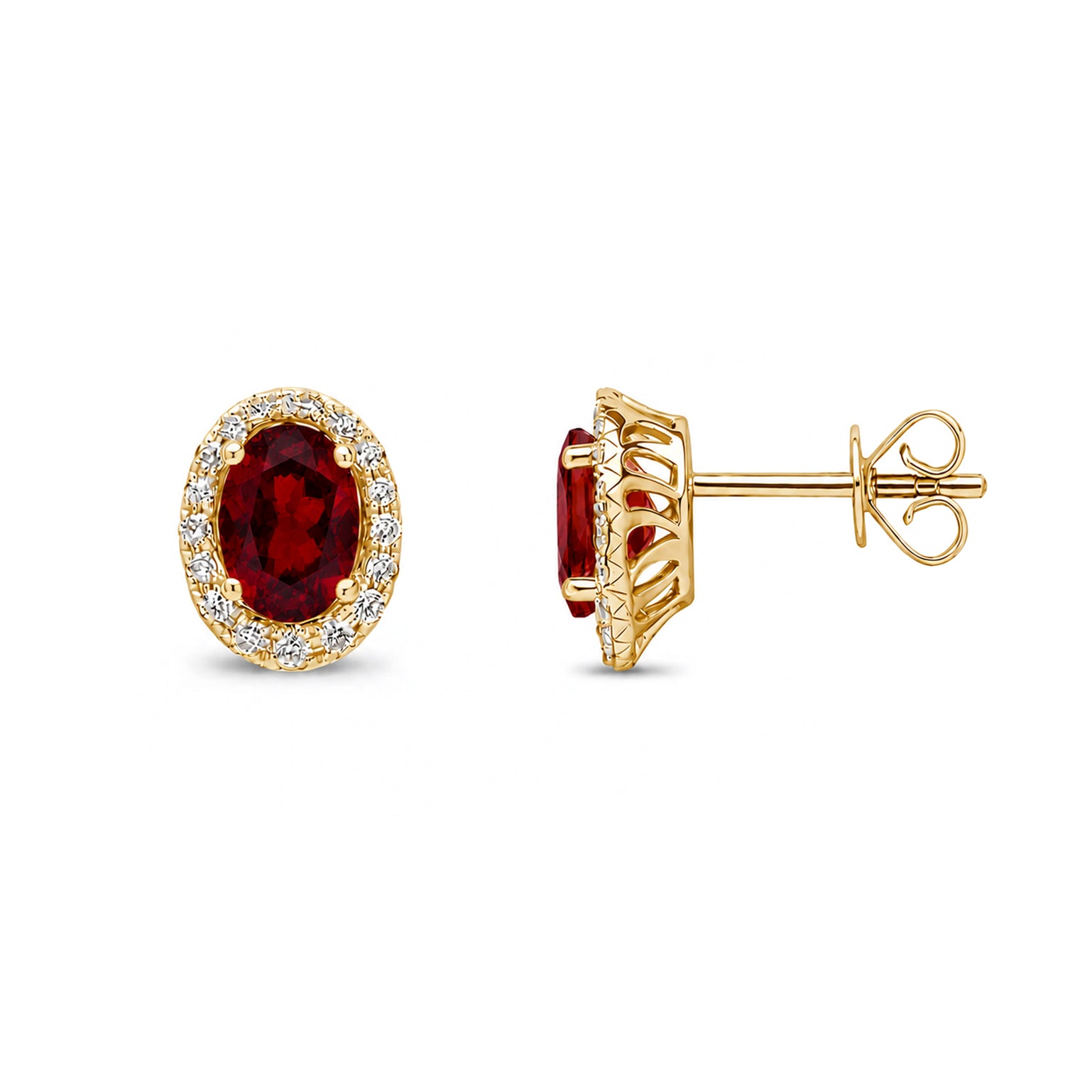 9ct Yellow Gold Oval Natural Garnet and Round Diamond Cluster Stud Earrings