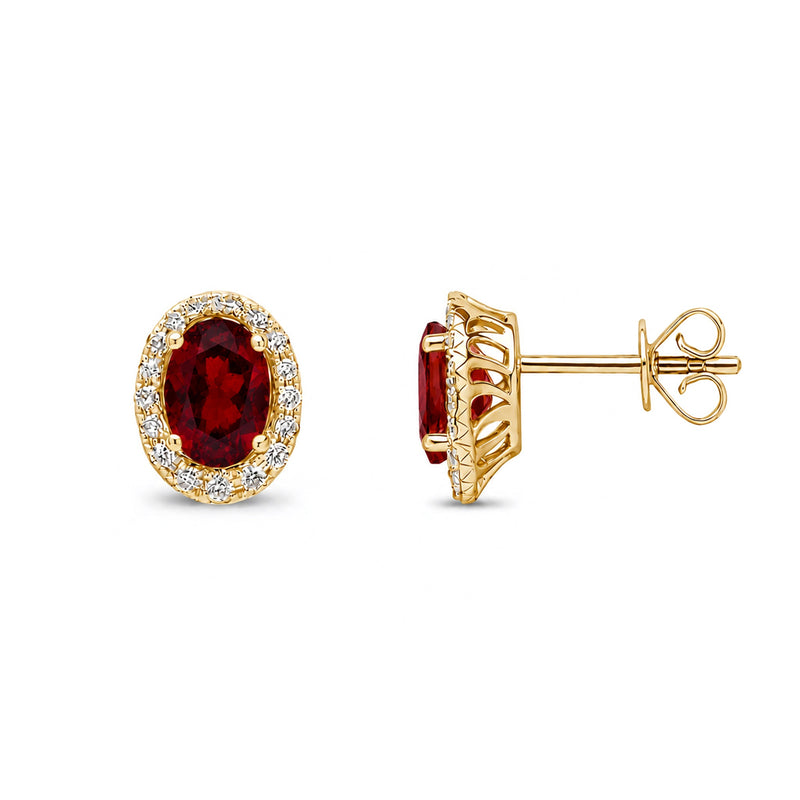 9ct Yellow Gold Oval Natural Garnet & Diamond Cluster Stud Earrings — 7x5mm