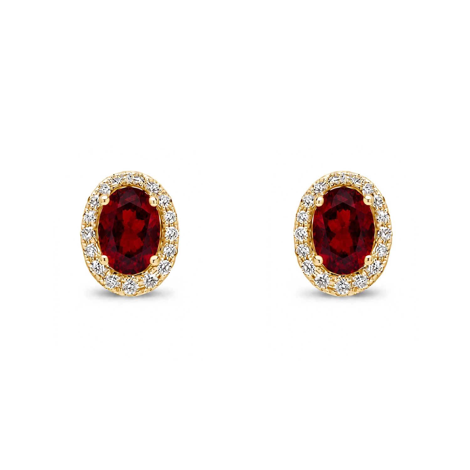 9ct Yellow Gold Oval Natural Garnet and Round Diamond Cluster Stud Earrings