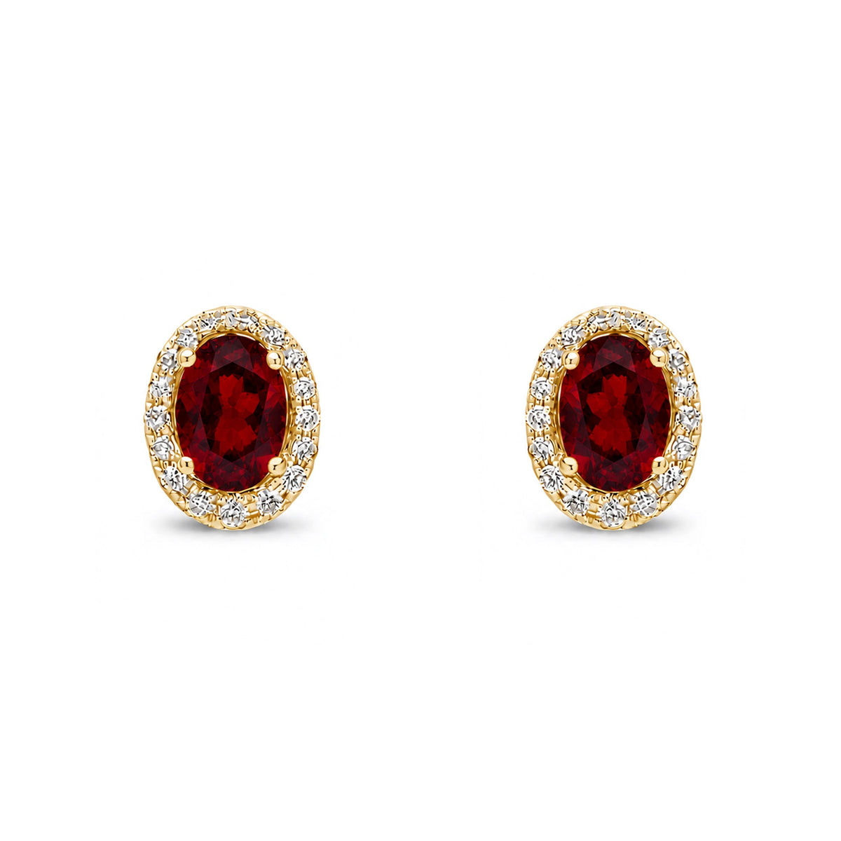 9ct Yellow Gold Oval Natural Garnet & Diamond Cluster Stud Earrings — 7x5mm
