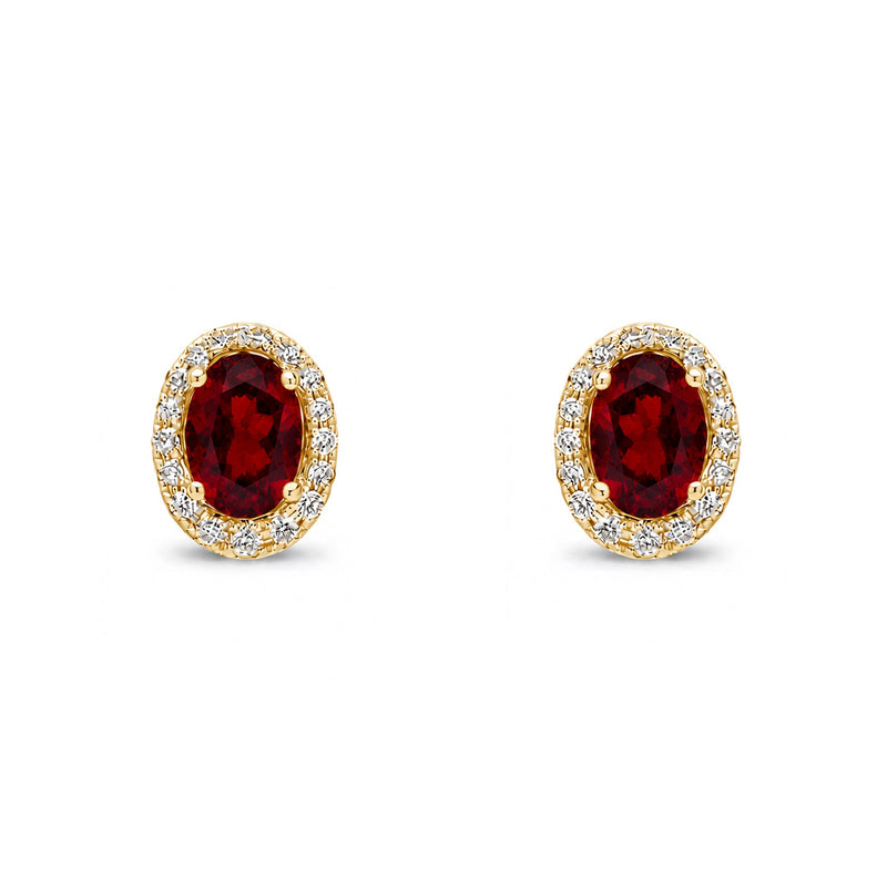 9ct Yellow Gold Oval Natural Garnet & Diamond Cluster Stud Earrings — 7x5mm
