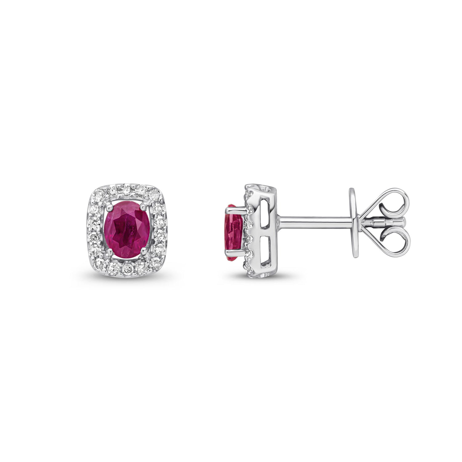 9ct White Gold Oval Natural Ruby and Round Diamond Cushion Cluster Stud Earrings — 4x3mm