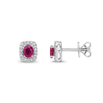 9ct White Gold Oval Natural Ruby & Diamond Cushion Cluster Stud Earrings — 4x3mm