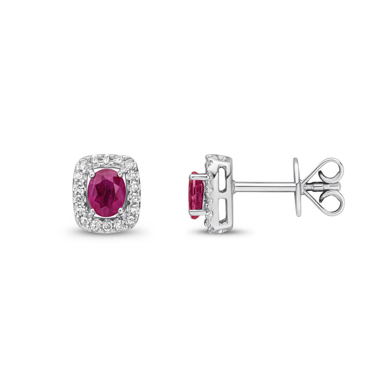 9ct White Gold Oval Natural Ruby & Diamond Cushion Cluster Stud Earrings — 4x3mm