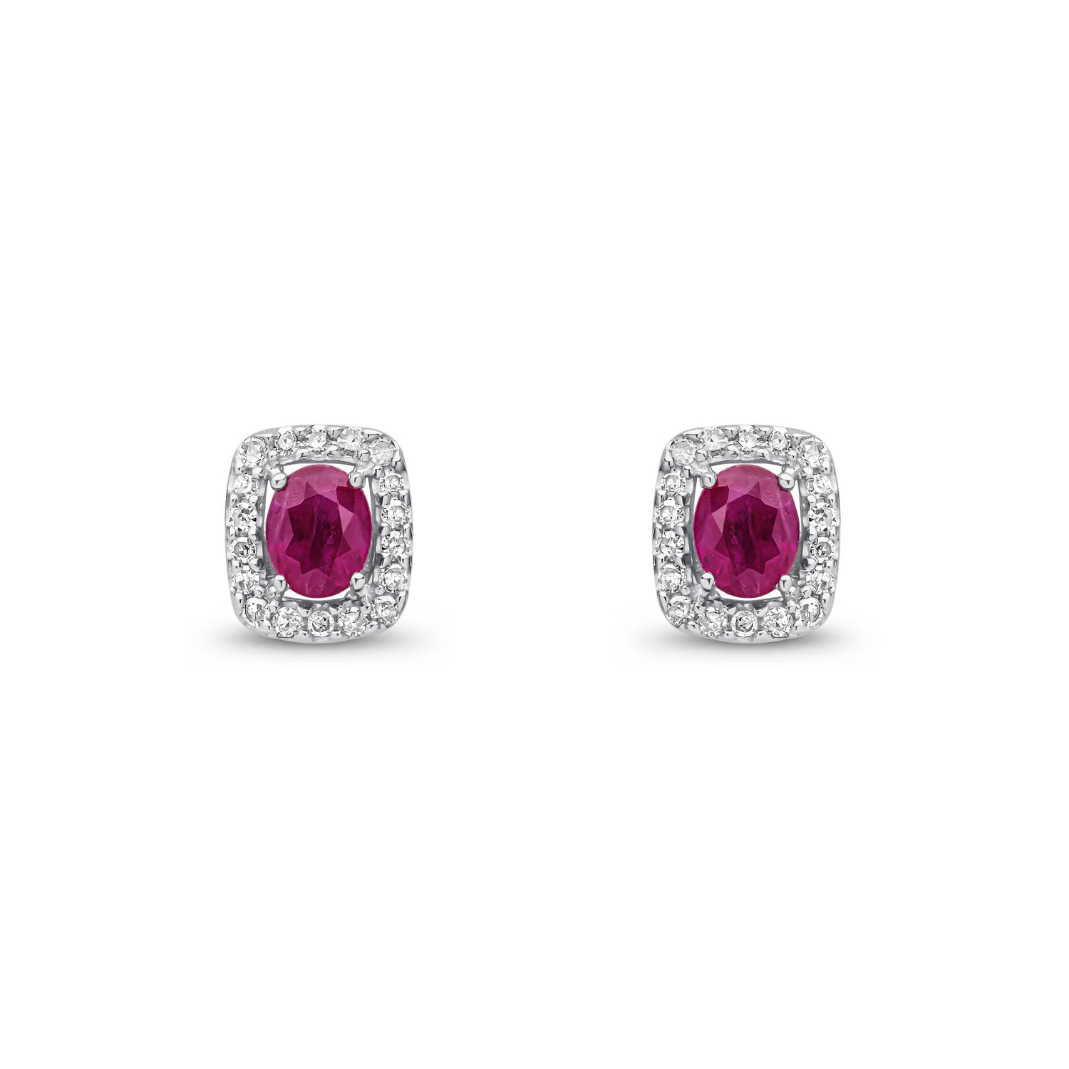 9ct White Gold Oval Natural Ruby and Round Diamond Cushion Cluster Stud Earrings — 4x3mm
