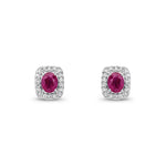 9ct White Gold Oval Natural Ruby & Diamond Cushion Cluster Stud Earrings — 4x3mm