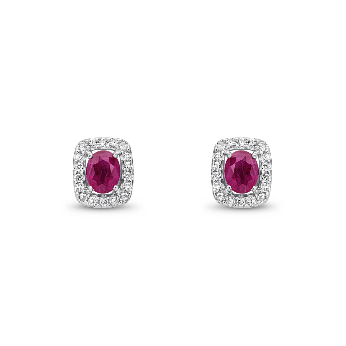 9ct White Gold Oval Natural Ruby & Diamond Cushion Cluster Stud Earrings — 4x3mm
