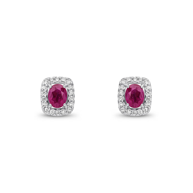 9ct White Gold Oval Natural Ruby & Diamond Cushion Cluster Stud Earrings — 4x3mm