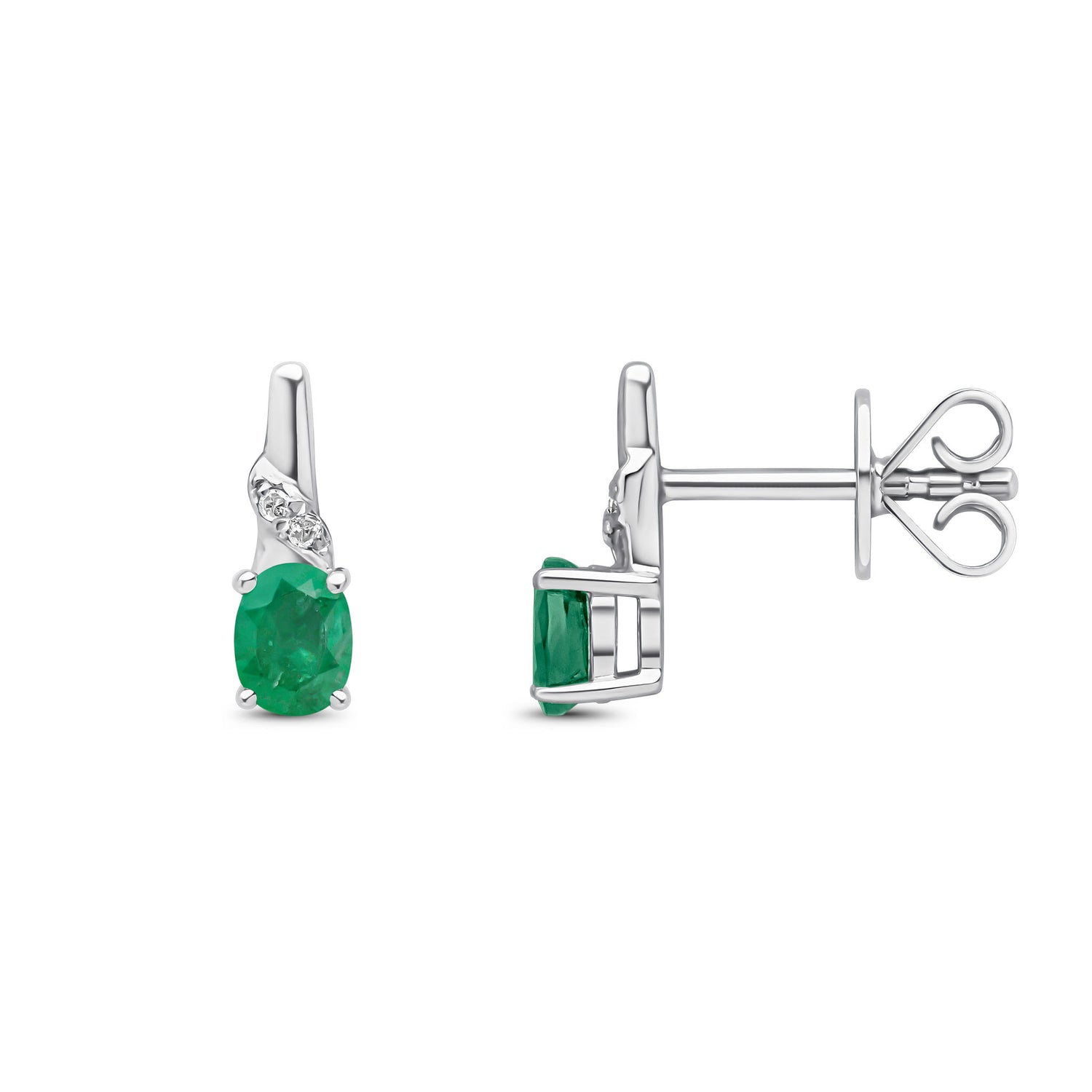 9ct White Gold Oval Natural Emerald and Round Diamond Drop Earrings
