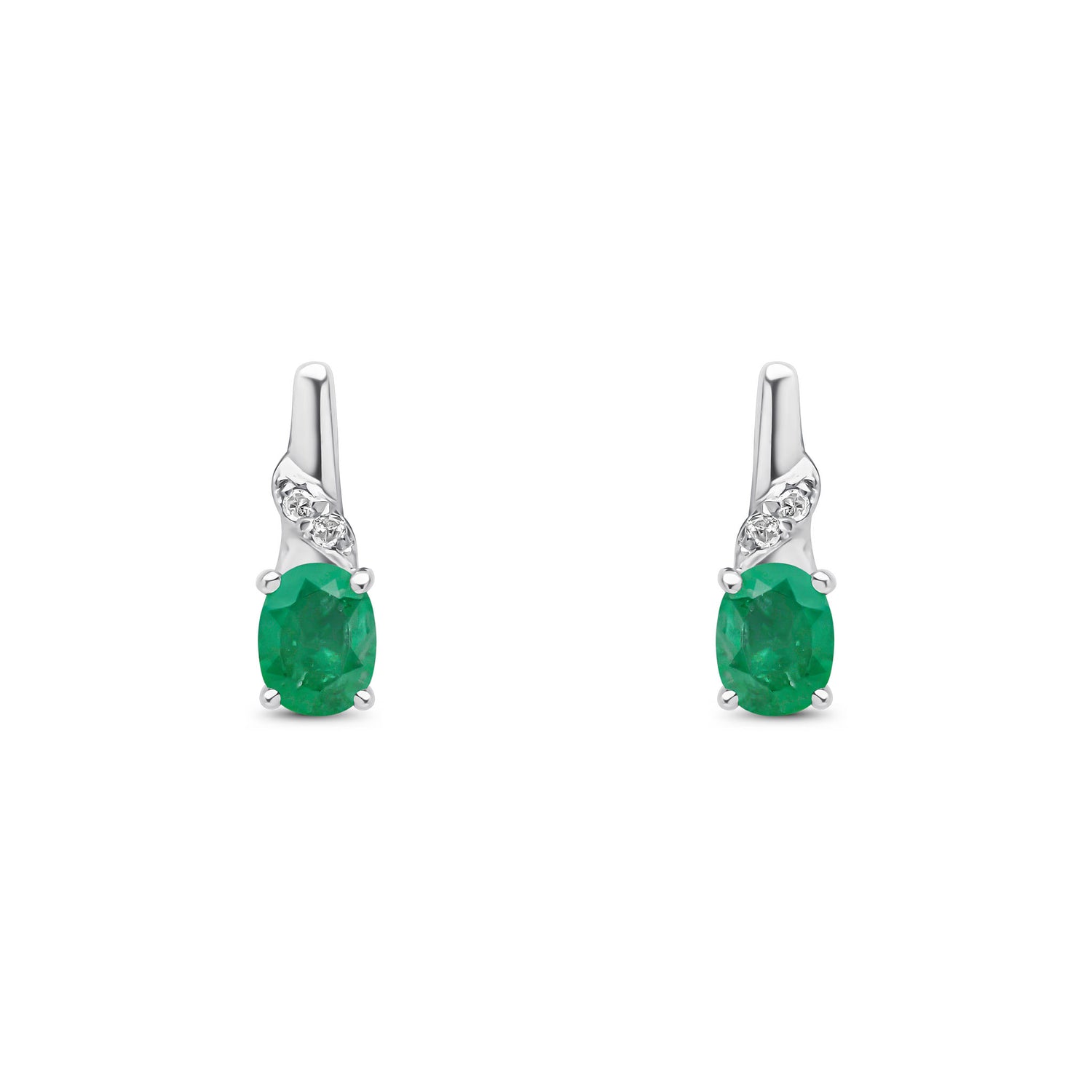 9ct White Gold Oval Natural Emerald and Round Diamond Drop Earrings