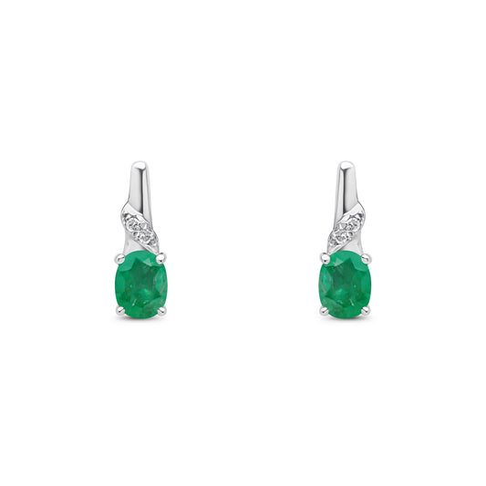 9ct White Gold Oval Natural Emerald and Round Diamond Drop Earrings
