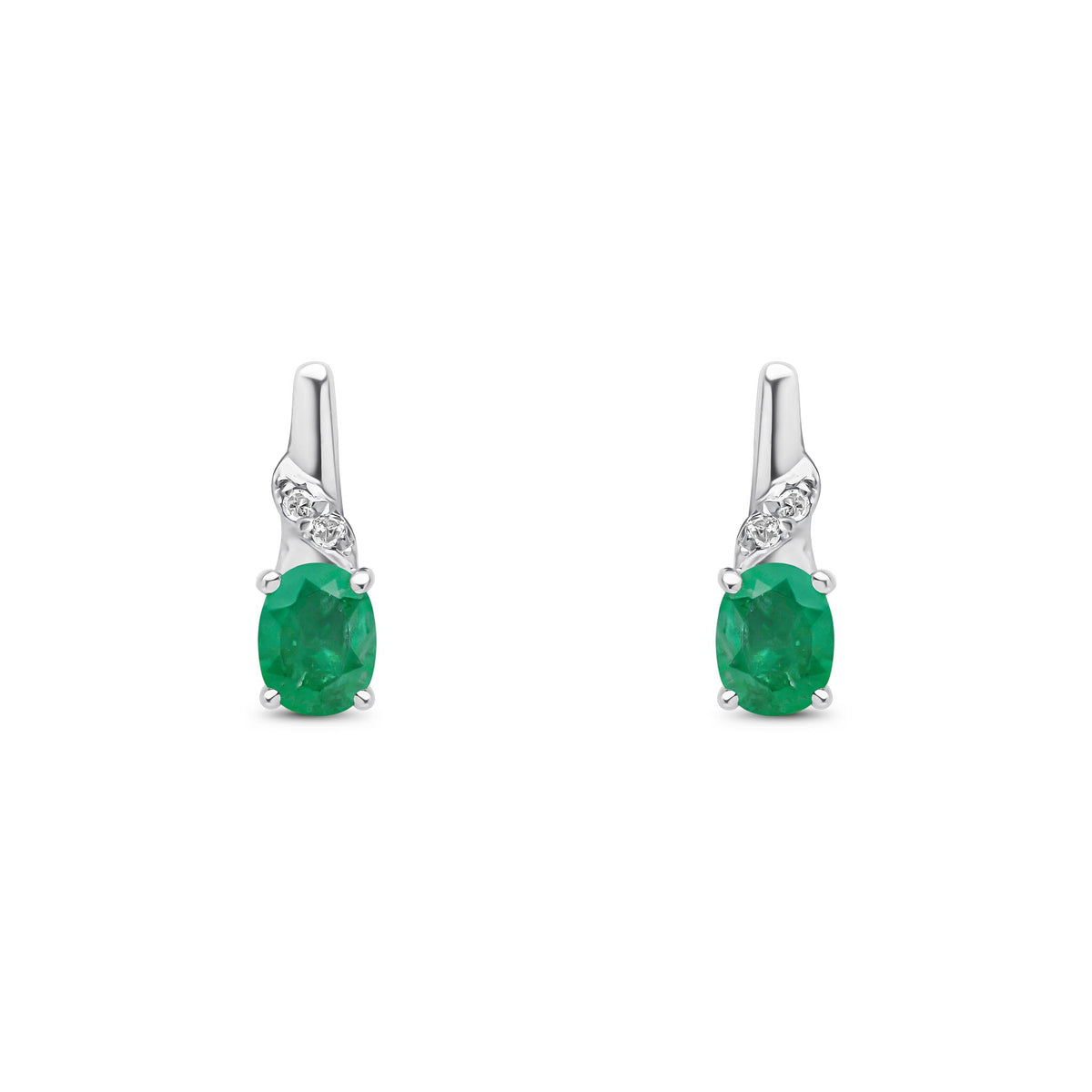 9ct White Gold Oval Natural Emerald & Diamond Drop Earrings — 4x3mm