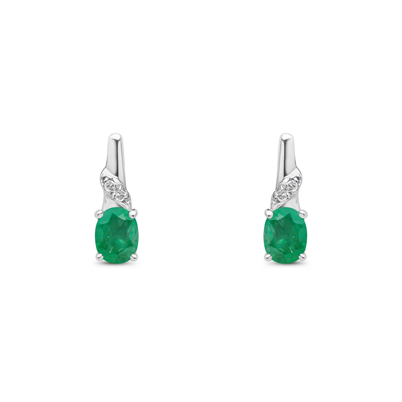 9ct White Gold Oval Natural Emerald & Diamond Drop Earrings — 4x3mm