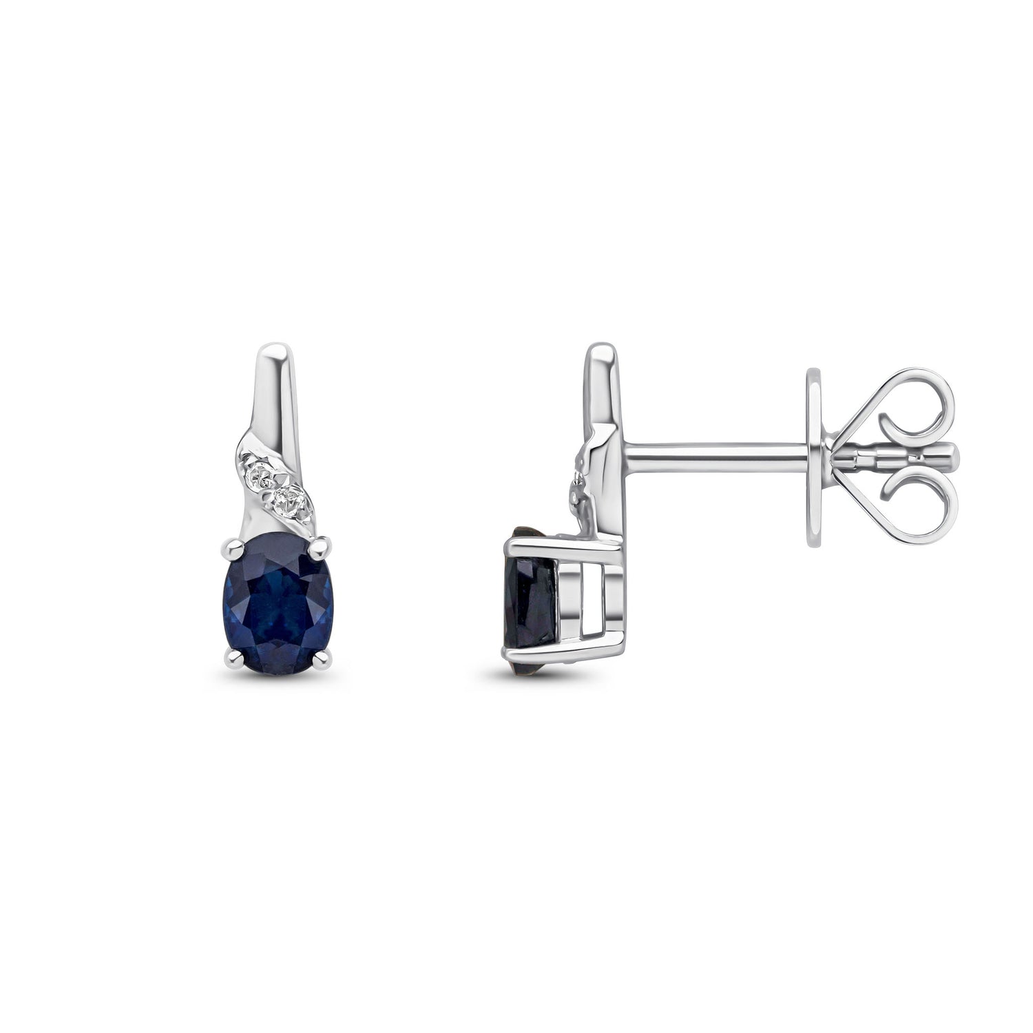 9ct White Gold Oval Natural Blue Sapphire and Round Diamond Drop Earrings